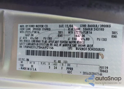 2005 Ford E-350 Super Duty Chateau/Xl/Xlt from USA, damaged, VIN 1FBNE31L75HA92156